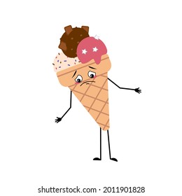 Cute ice cream character with sad emotions, depressed face, arms and legs. Dreary waffle cup, down eyed sweet food, chocolate cold dessert
