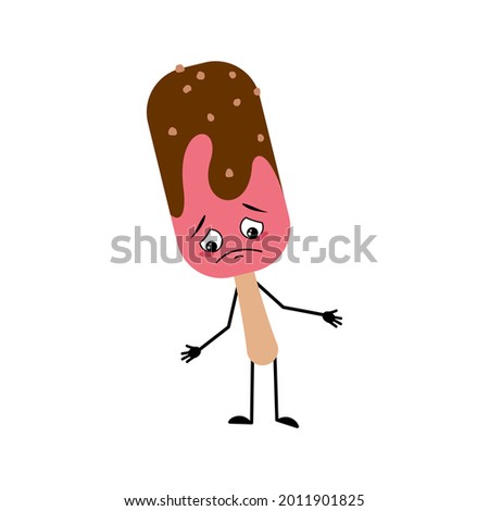 Cute ice cream character with sad emotions, depressed face, arms and legs. Dreary popsicle, down eyed sweet food, chocolate dessert