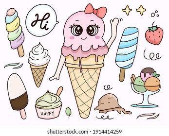 Cute ice cream character set cartoon drawing illustration cartoon for kids collection set