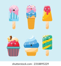 Cute ice cream character set in cartoon style