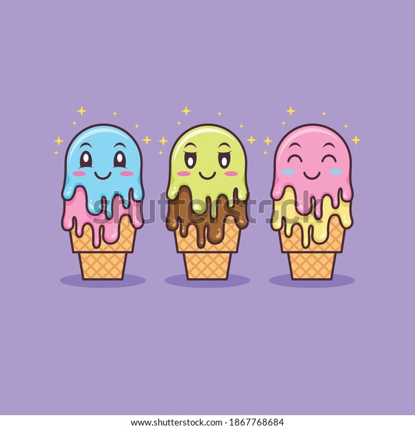 かわいいアイスクリームキャラクターセットのカートーンイラストフラットデザイン のベクター画像素材 ロイヤリティフリー