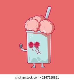 Cute Ice Cream Character Taking A Selfie Vector Illustration. Funny, Social Media, Mascot Design Concept.