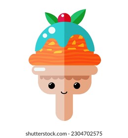 Cute ice cream character, tasty dessert with eyes and smile, summer food, frozen sweet food illustration with mint topping.