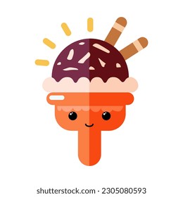 Cute ice cream character, tasty dessert with eyes and smile, summer food, frozen sweet food illustration with chocolate topping.