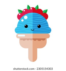 Cute ice cream character, tasty dessert with eyes and smile, summer food, frozen sweet food illustration with cherries.