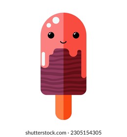 Cute ice cream character, tasty dessert with eyes and smile, summer food, frozen sweet food illustration with strawberry topping.