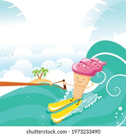 Cute Ice Cream Character Waterskiing With Joy
