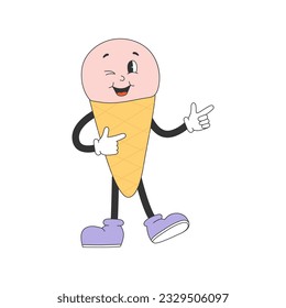 Cute ice cream character in y2k groovy style. Cartoon character in trendy retro style. Isolated vector illustration 