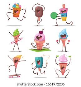 Personajes de helados muy bien educados haciendo ejercicios de fitness y yoga, cartografía vectorial aislada en un fondo blanco.