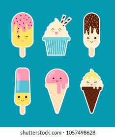 Cute ice cream characters. Funny design elements collection. Vector illustration.