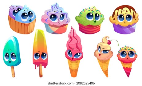 Cute ice cream characters with funny faces isolated on white background. Vector cartoon set of different desserts, gelato, ice cream in waffle cone and popsicle on wooden stick