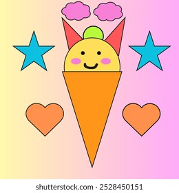 Personajes lindos del helado, día divertido del sol de la comida del verano, helado, paleta de helado, hielo de la fruta, cono del waffle. Delicadeza sonriente dulce feliz, amistosa de kawaii con diferente