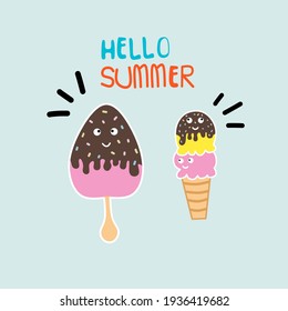 Cute ice cream characters in kawaii style. Suitable for graphic design t-shirts, children's books, stickers, decorations. Vector illustration.