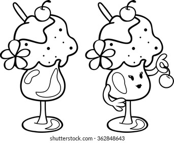 Cute Ice Cream with cherry. Character. Simple Line Drawing. It can be use for children's coloring. Girl's face