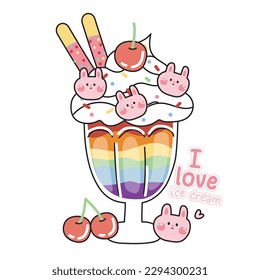 Cute ice cream cherry rainbow flavor with rabbit cookies shape cartoon.Sweet and dessert.Image for Pride month,easter day,baby clothing,card,poster.Kawaii.Vector.Illustration.