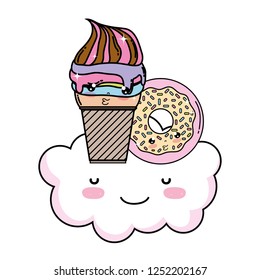 cute ice cream with cloud and donut kawaii