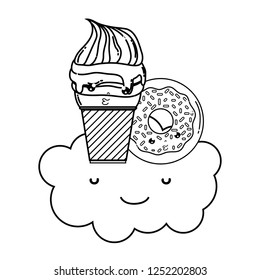 cute ice cream with cloud and donut kawaii