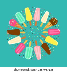Cute Ice Cream collection background in vivid tasty colors ideal for banners, package etc