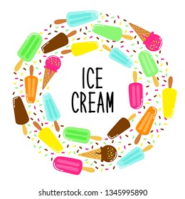 Cute Ice Cream collection frame background in vivid tasty colors ideal for banners, package etc