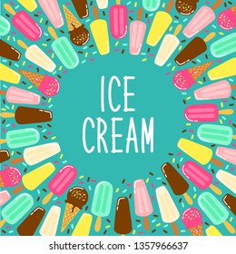 Cute Ice Cream collection frame background in vivid tasty colors ideal for banners, package etc