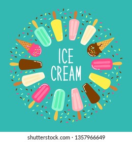 Cute Ice Cream collection frame background in vivid tasty colors ideal for banners, package etc