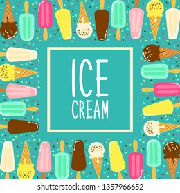 Cute Ice Cream collection frame background in vivid tasty colors ideal for banners, package etc