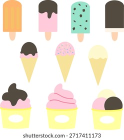 Cute ice cream collection with popsicles, cones, and cups in pastel colors, flat vector style