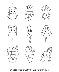 Cute ice cream. Coloring Page. Funny cartoon characters. Happy and cheerful emotions. Vector drawing. Collection of design elements.