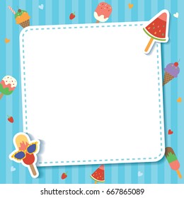 Cute ice cream cone and bar design to various flavors decorated with strawberry and heart toppings for menu template on blue pastel stripe background.