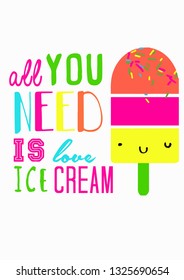 Cute ice cream cone cartoon illustration with fun quote