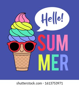 Cute ice cream cone cartoon illustration with text "Hello summer" for summer holidays design concept.