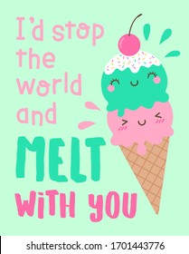 Cute ice cream cone cartoon with quotes "Have an ice day" for greeting card. Love concept card design.