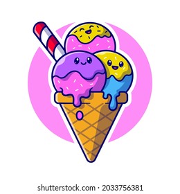 Cute Ice Cream Cone Cartoon Vector Icon Illustration. Food Drink Icon Concept Isolated Premium Vector. Flat Cartoon Style