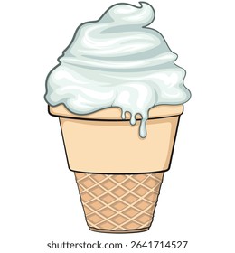 cute ice cream cone cartoon vector with waffle cone and vanilla topping, work of hand drawn