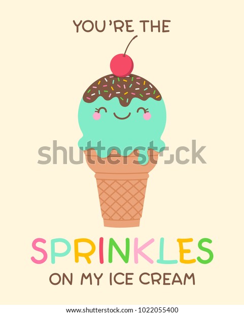バレンタインデーカードデザインの アイスクリームの上にスプリンクを置いてください と楽しい引用をしたかわいいアイスクリームコーンの漫画のイラスト のベクター画像素材 ロイヤリティフリー 1022055400