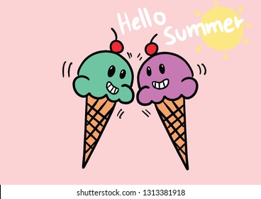Cute ice cream cone cartoon.vector illustration.hello summer concept. 