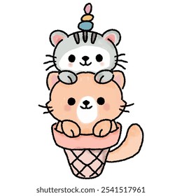 Cute Ice Cream Cone Cats Illustration