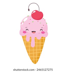Cute ice cream cone, ice cream character in flat cartoon style, emoticon. Vector illustration.