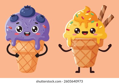 Cute Ice Cream Cone Characters with Happy Faces Vector 