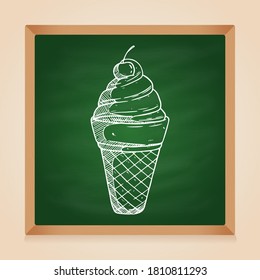 cute ice cream cone with cherry on chalkboard background