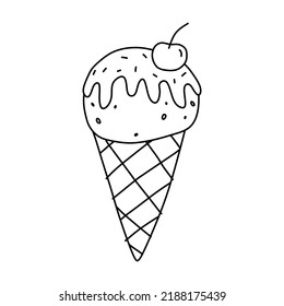 Cute ice cream cone with cherry isolated on white background. Sweet food. Vector hand-drawn illustration in doodle style. Perfect for various designs, cards, decorations, logo, menu.