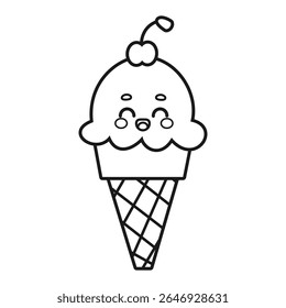 Cute ice cream cone with a cherry vector illustration coloring page isolated on white background