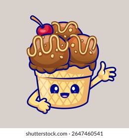 Cute Ice Cream Cone Chocolate Cartoon Vector Icon 
Illustration. Sweet Food Icon Concept Isolated Premium 
Vector. Flat Cartoon Style 