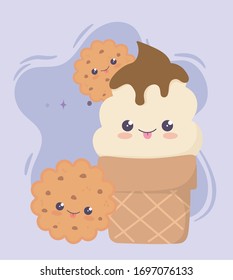 cute ice cream cone and cookies kawaii cartoon character vector illustration