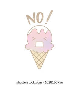 Cute ice cream cone decorated with text "NO!" and emotional face on white background. Cute isolated item for all types of publications such as screen on T-shirt , cards or fabric.