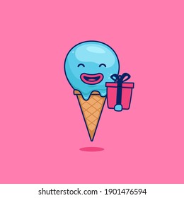 Cute ice cream cone dessert mascot character carry gift box illustration in cartoon style