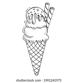 Cute ice cream cone. Hand drawn Doodle sketch vector illustration. For greeting cards, covers, posters, labels, recipes, food design, bakery, pastry shops, cafes. Black and white background.