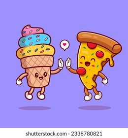 Cute Ice Cream Cone High Five With Pizza Cartoon Vector Icon Illustration. Food Friend Icon Concept Isolated Premium Vector. Flat Cartoon Style