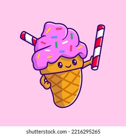 Cute Ice Cream Cone Holding Straw Cartoon Vector Icon Illustration Food Object Icon Concept Isolated Premium Vector. Flat Cartoon Style