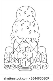 Cute ice cream cone house coloring page for kids. Adorable sweet candy castle with sprinkle topping, black and white outline doodle vector illustration.
